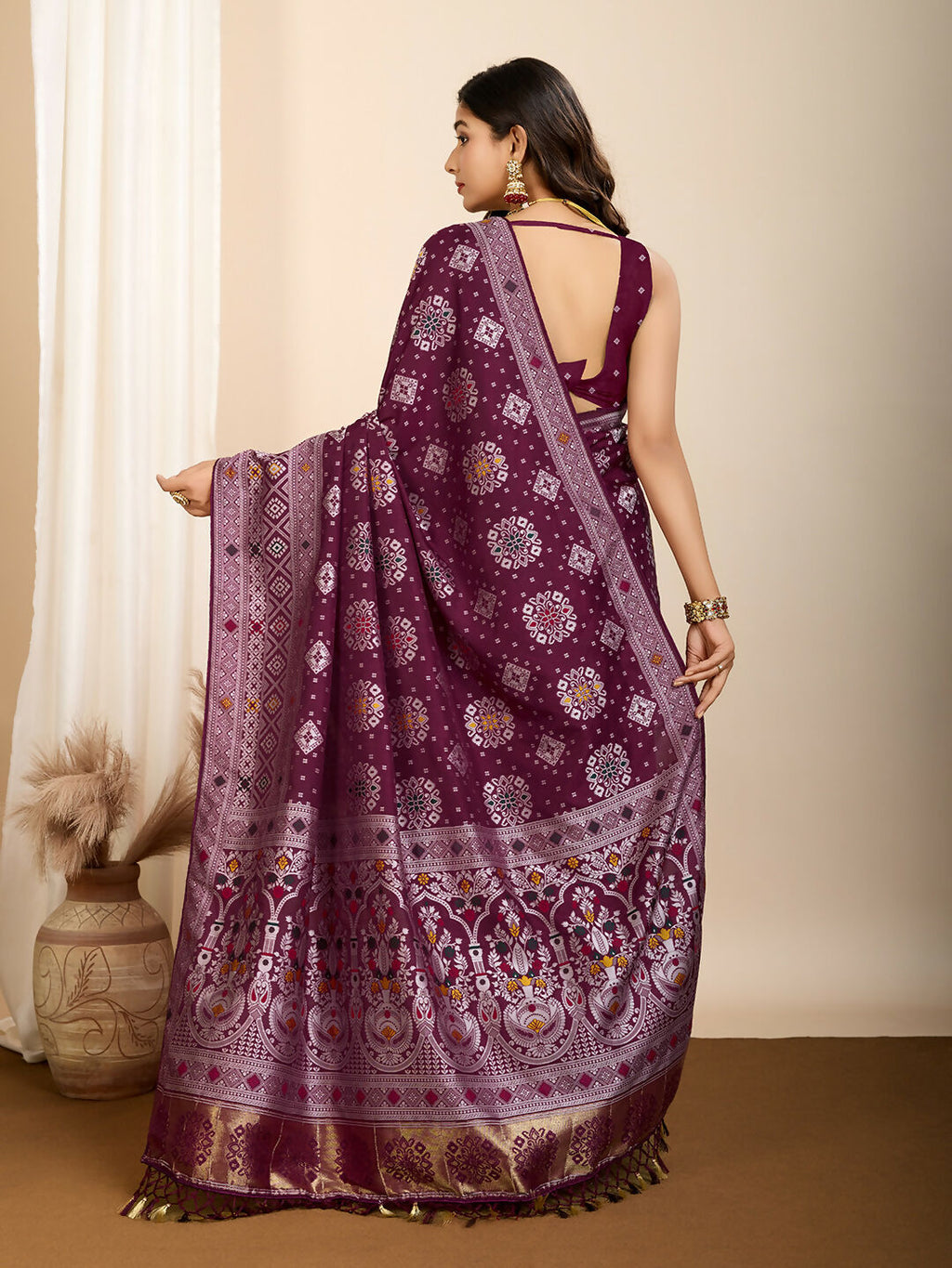 Wine Soft Silk Woven Meenakari Designer Saree - Vedanti