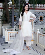 Miravan Women's Organza Cotton Chikankari Embroidered With Purple Sequence work Jaipuri Suit Set
