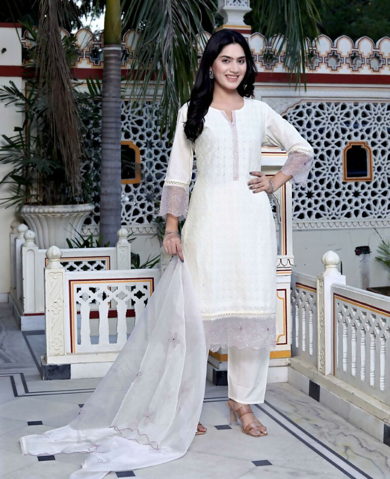 Miravan Women's Organza Cotton Chikankari Embroidered With Purple Sequence work Jaipuri Suit Set