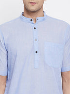 Even Apparels Blue Pure Cotton Men's H/S Kurta With Band Collar - Distacart