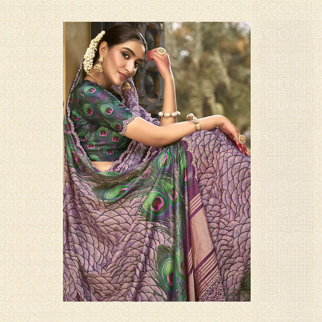 Purple Gajji Silk Diamond With Handwork Saree With Unstitched Blouse - Norita Gajri