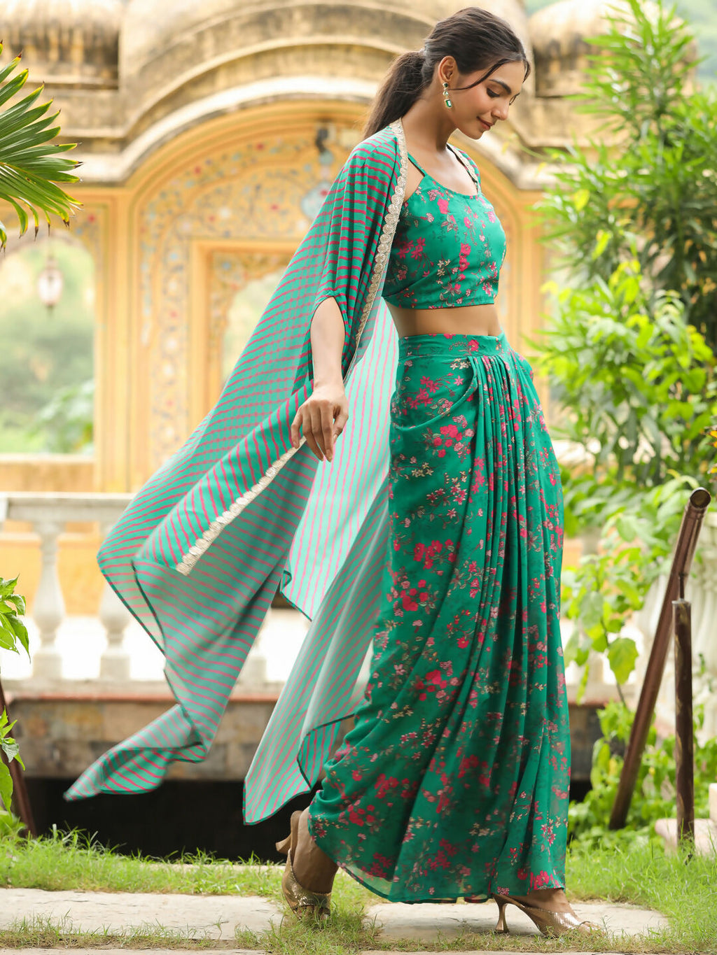 Janasya Green Georgette Floral Top Bottom Cape