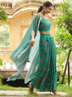 Janasya Green Georgette Floral Top Bottom Cape