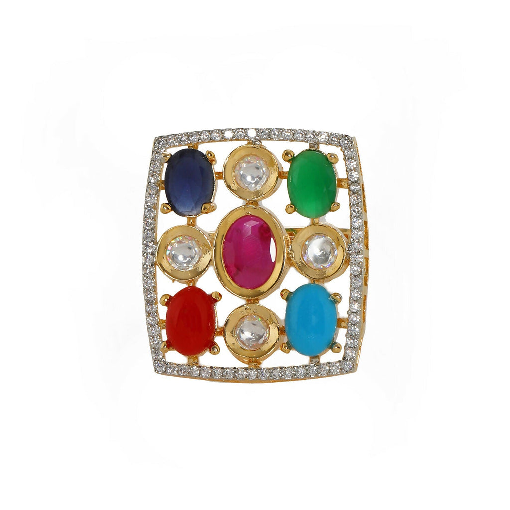 Navratan Kundan Ring (Multi Color) - Ruby Raang