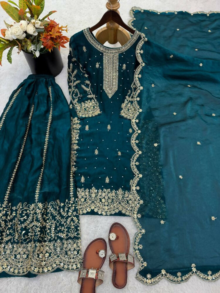 Teeya Creation Teal Color Fendy Silk Embroidery Work Wedding Wear Salwar Suit - Distacart