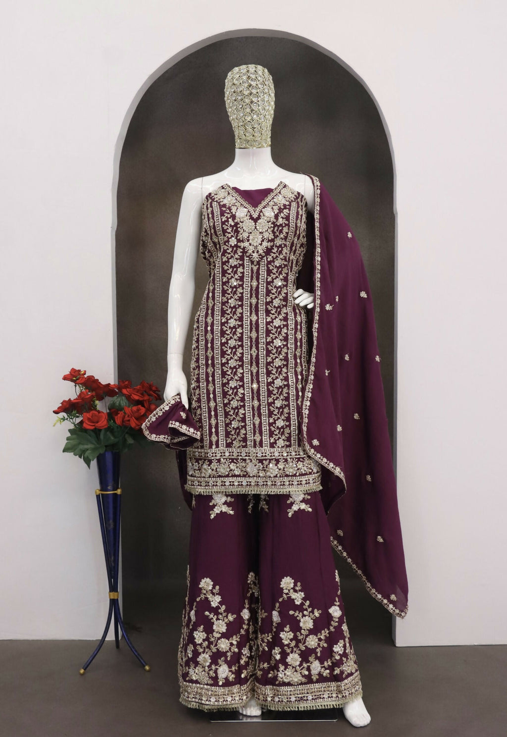 Anaita Maroon Chinon Stitched Suit with Embroidery Coding Sequence Work - Distacart