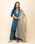 FIORRA Women's Teal Blue Silk Blend Straight Kurta Palazzo Set With Dupatta