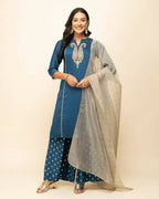 FIORRA Women's Teal Blue Silk Blend Straight Kurta Palazzo Set With Dupatta