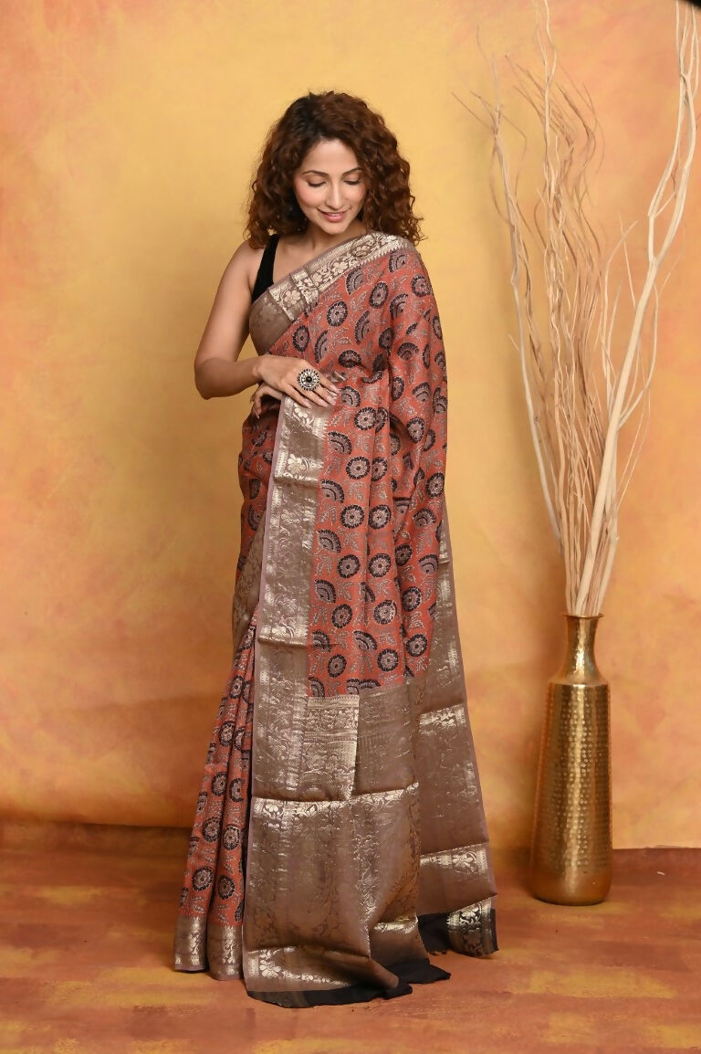 Very Much Indian Modal Silk Ajrakh Handblock Printed Natural Dyes With Designer Border Saree - Red