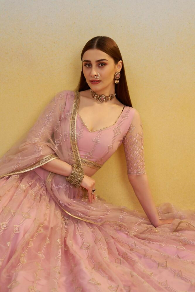 Aastha Fashion Pink Butterfly Net Tone To Tone Cotton Thread Work And Sequence Work Embroidery Wedding Wear Lehenga Choli