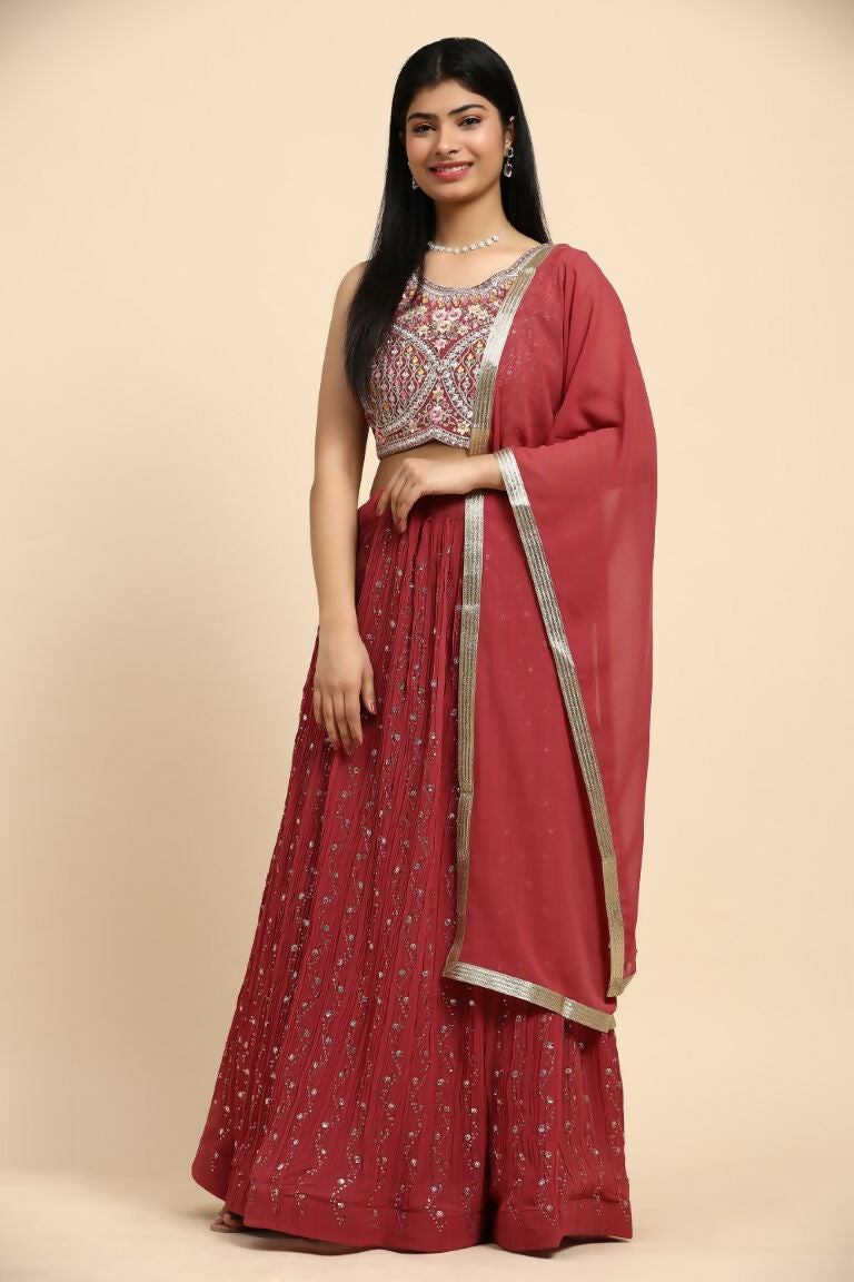 Red Georgette Embroidered Lehenga choli with Dupatta - Dhara