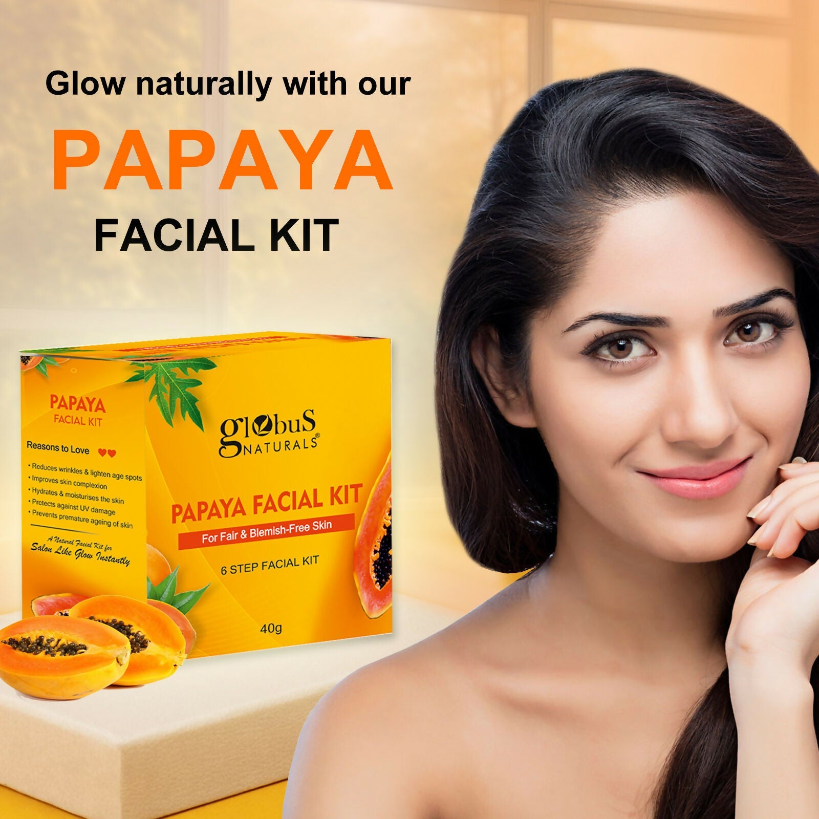 Globus Naturals Papaya Facial Kit For Blemish Free Skin & Anti-Pigmentation, 6 Steps - Distacart