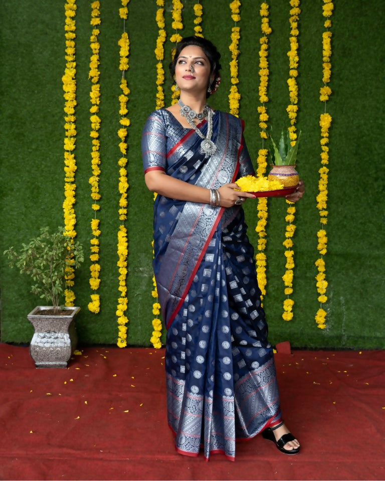 Jyoti Fashion Women's Navy Blue Soft Handloom Silk Zari Woven Saree with Blouse