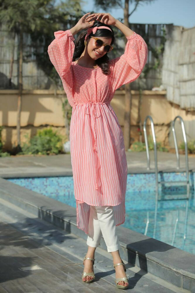 Juniper Women Peach Georgette Bandhani High-Low Tunic - Distacart