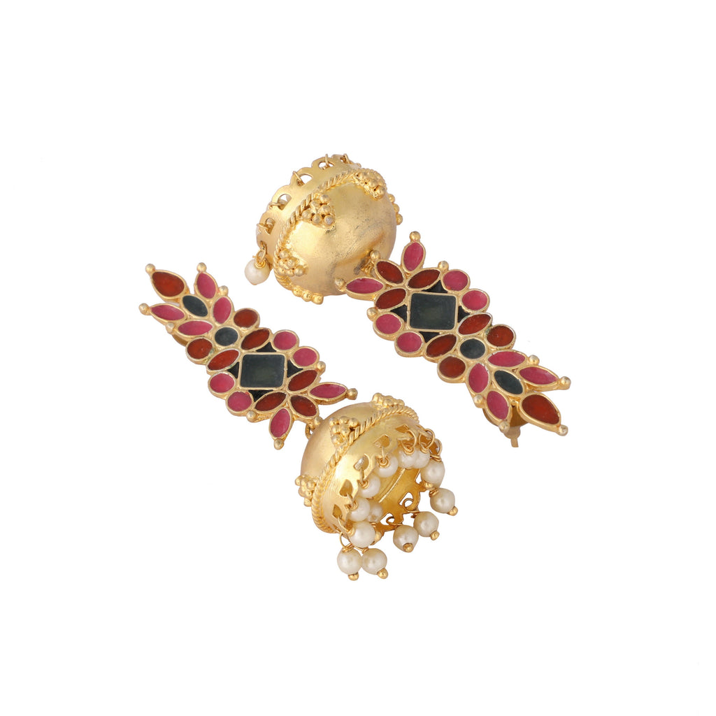 Nuyug 22K Gold-Plated Enamel & Beaded Dome Shaped Jhumka Earrings - Distacart