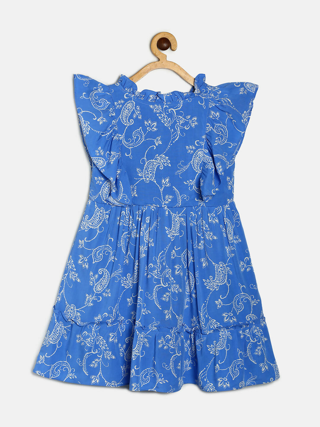 Manet Girls Cotton Frill Sleeve Frock Big Flower Print - Blue