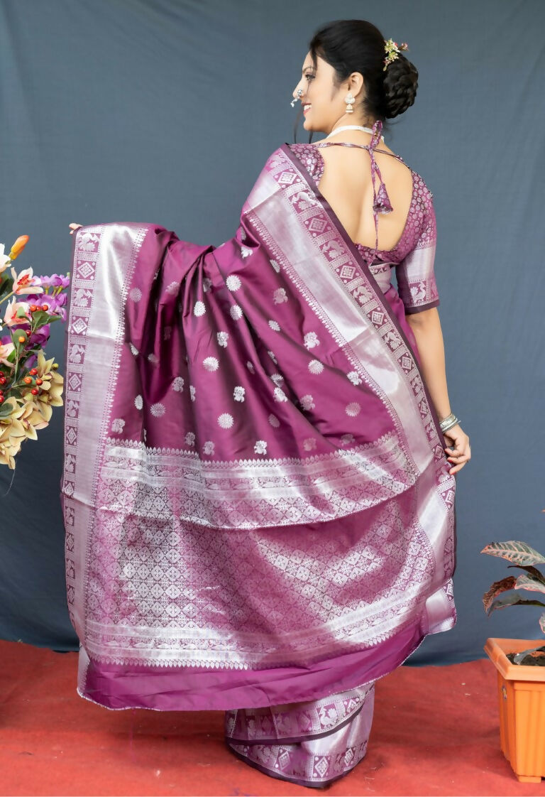 Jyoti Fashion Women's Wine Soft Banarasi Silk Zari Woven Saree with Blouse