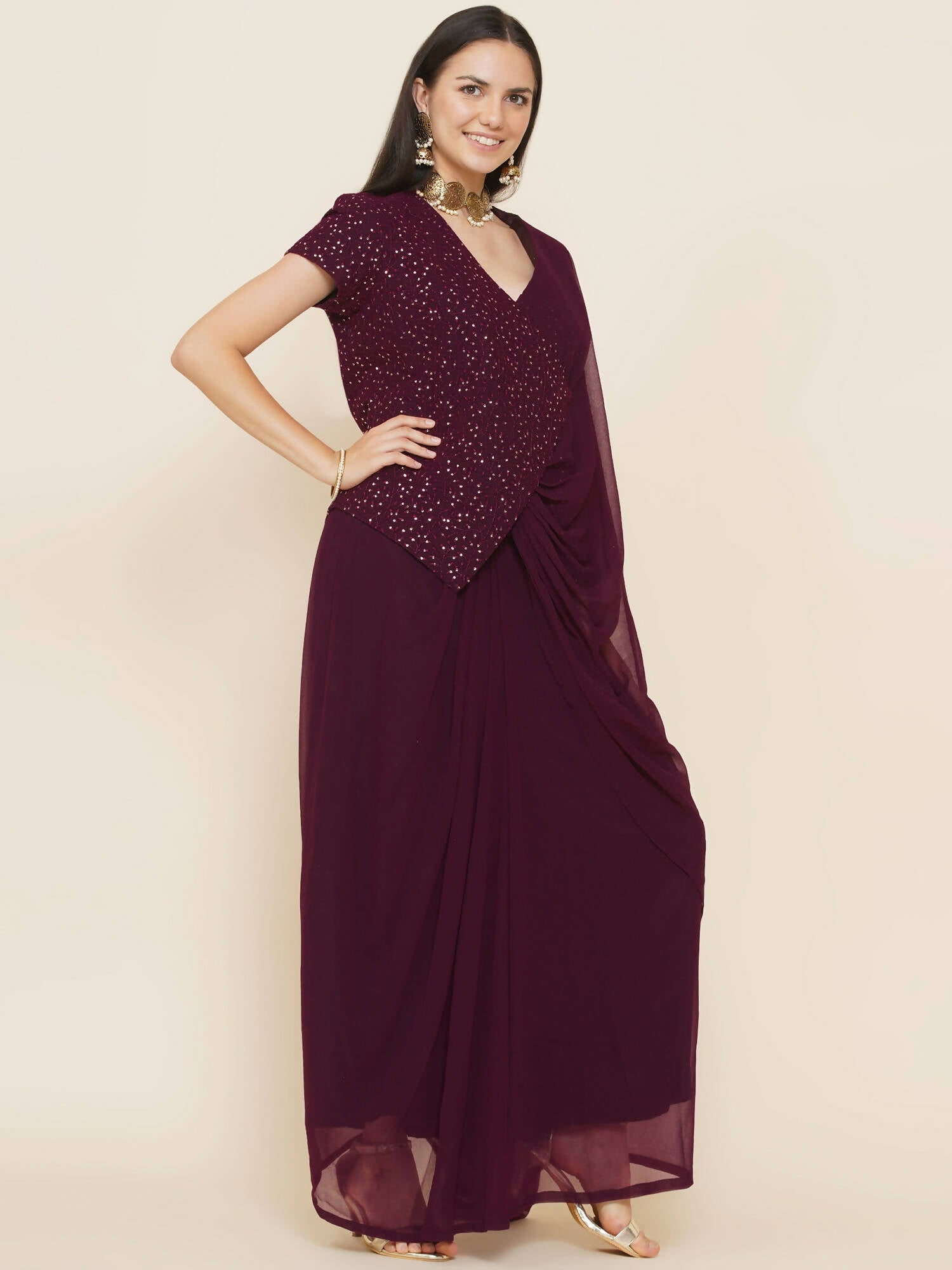 Women Republic Bronze Georgette Jacket With Skirt - Distacart