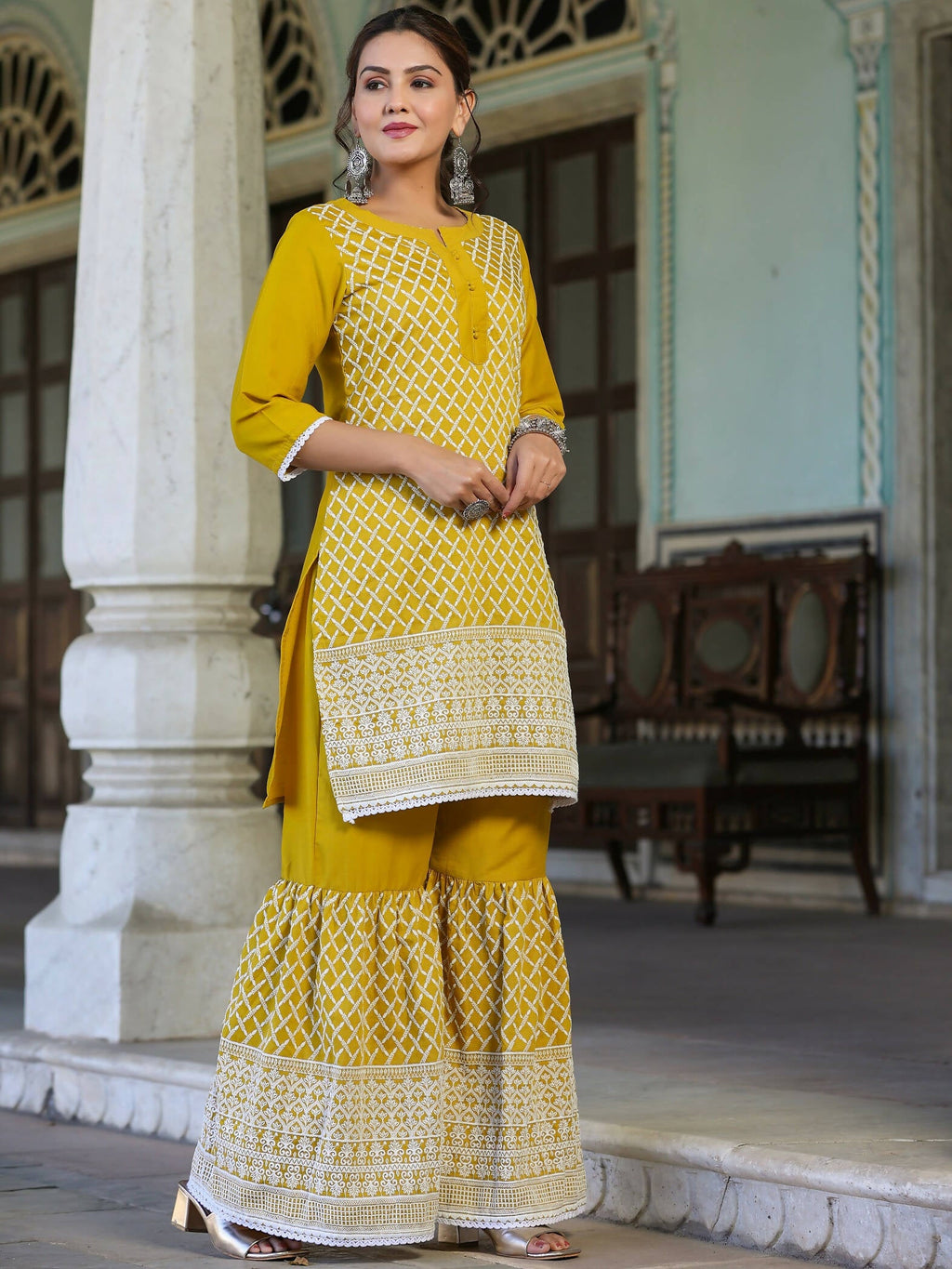 Juniper Women's Mustard Chinnon Embroidered Kurta Garara Set - Distacart