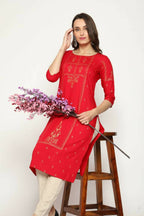 Maai Rayon Hand Printed Kurta Red - Distacart