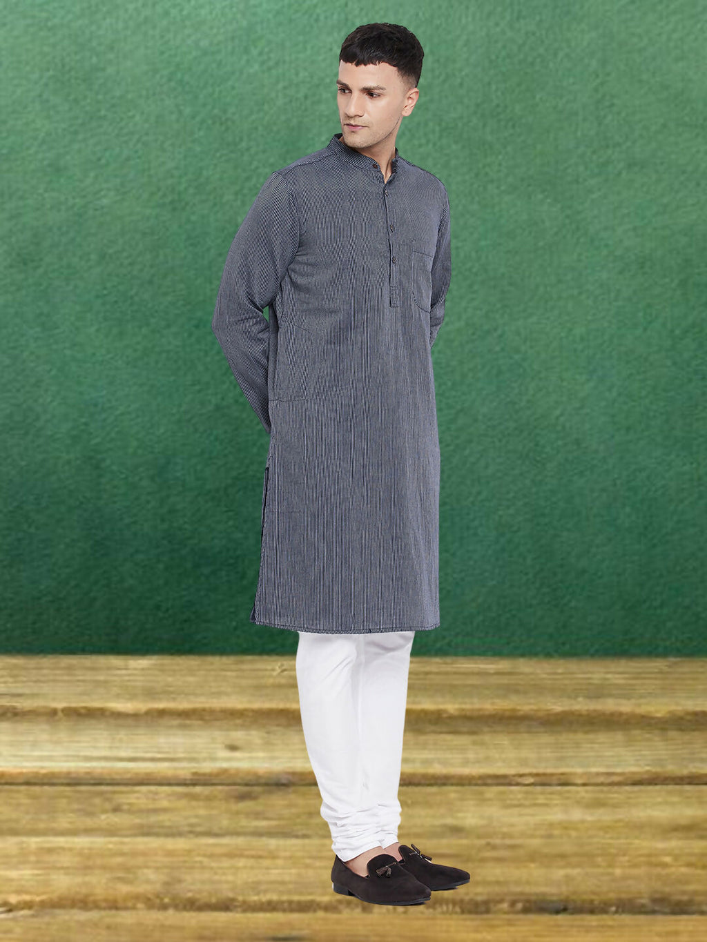 Even Apparels Men's Pure Cotton Grey Striped Kurta