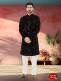 Joban Fashion Men's Black Base ( Brown ) Straight Velvet Thread And Sequence Embroidary All Over Indo-Western Kurta Set