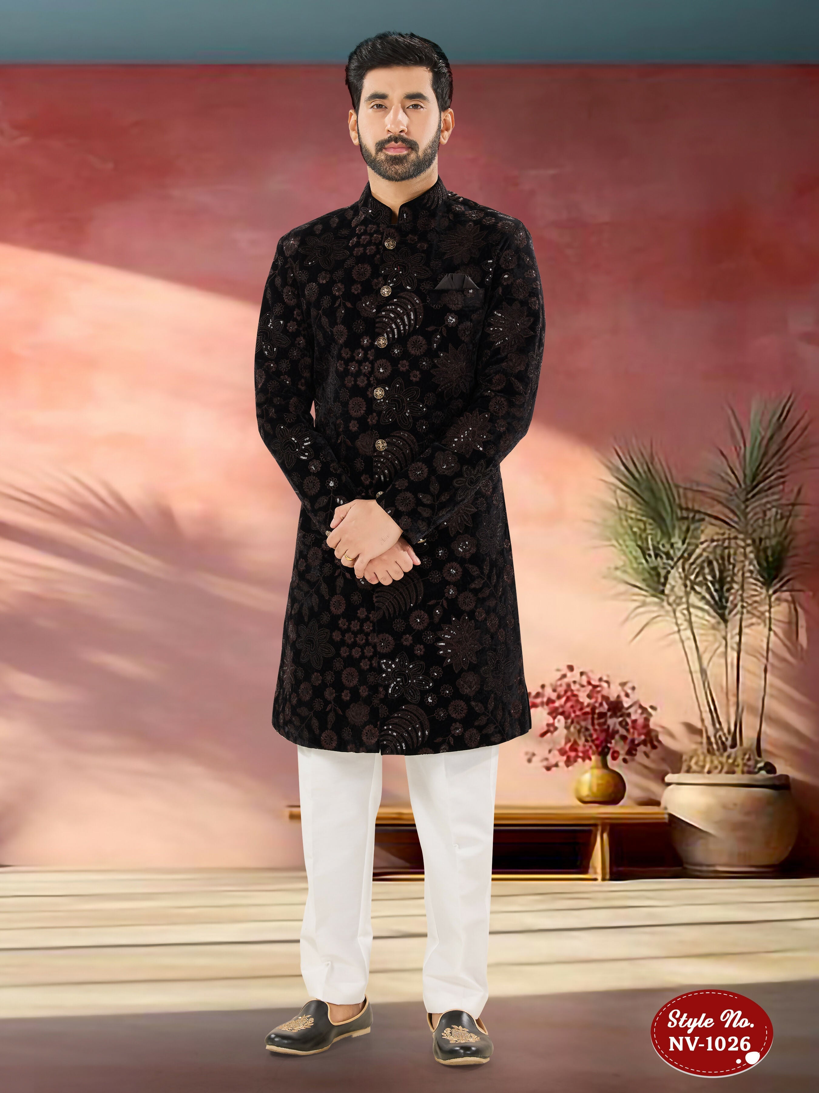 Joban Fashion Men's Black Base ( Brown ) Straight Velvet Thread And Sequence Embroidary All Over Indo-Western Kurta Set