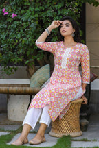 Yufta Women Peach And White Kurta with Trouser Set