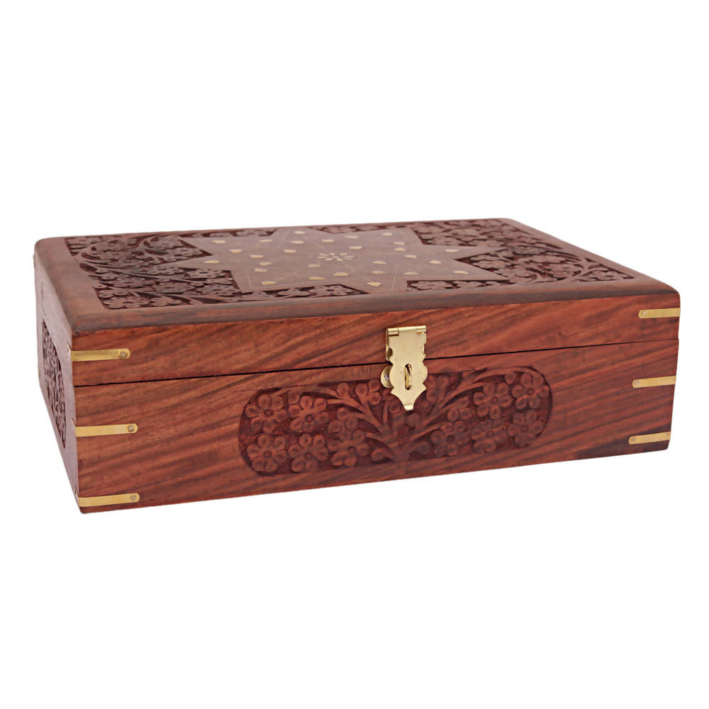 Nizalia Carved Motif Of Flora Handmade Beautiful Jewellery Box With Mirror