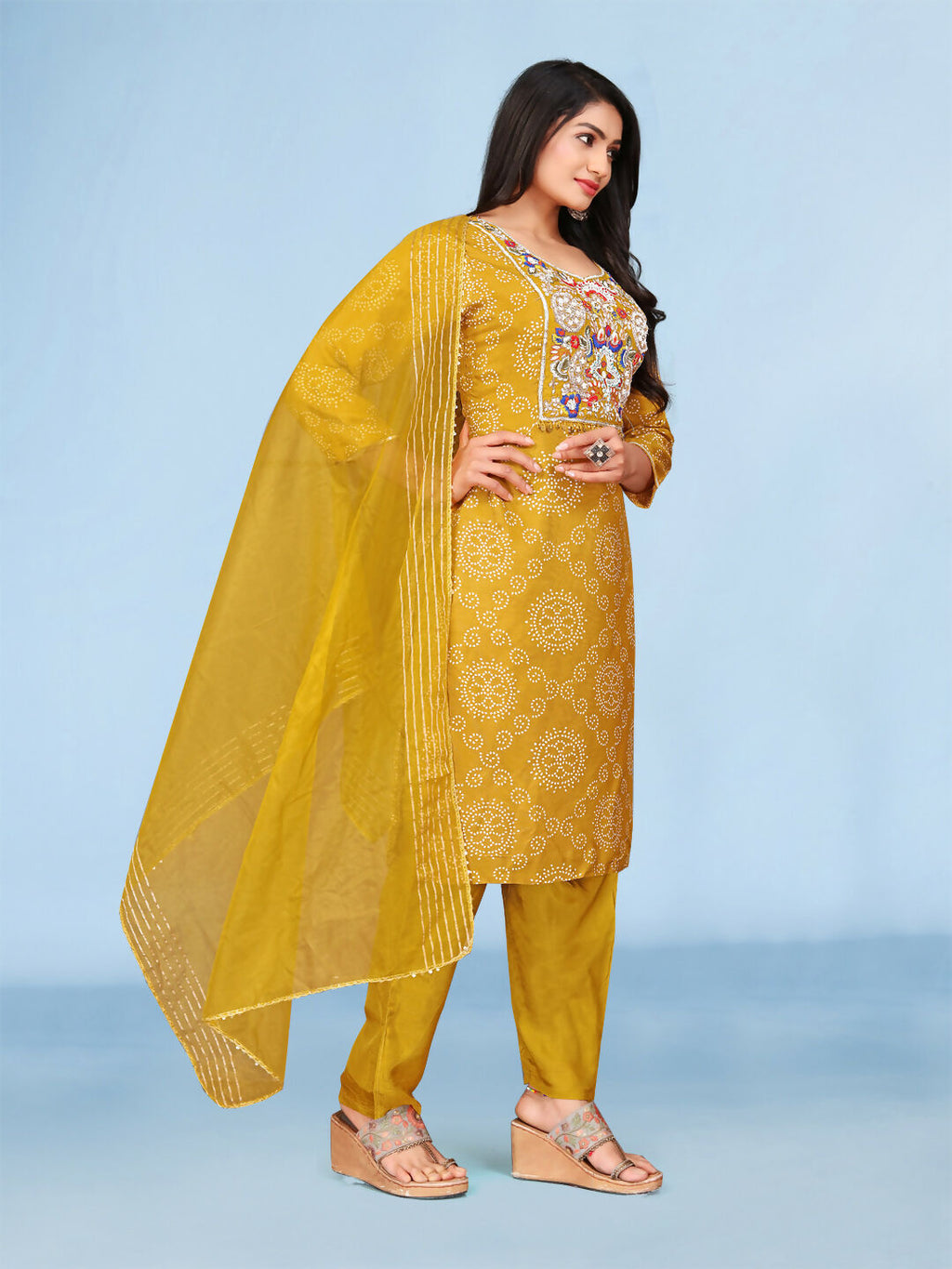 Joban Fashion Mustard Cotton Premium Pure Viscose Print Dola With Handwork Kurta set