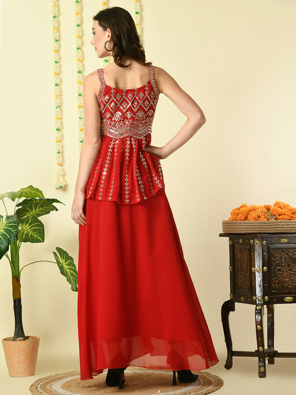 Myshka Women's Red Georgette Top With Skirt Party Sets