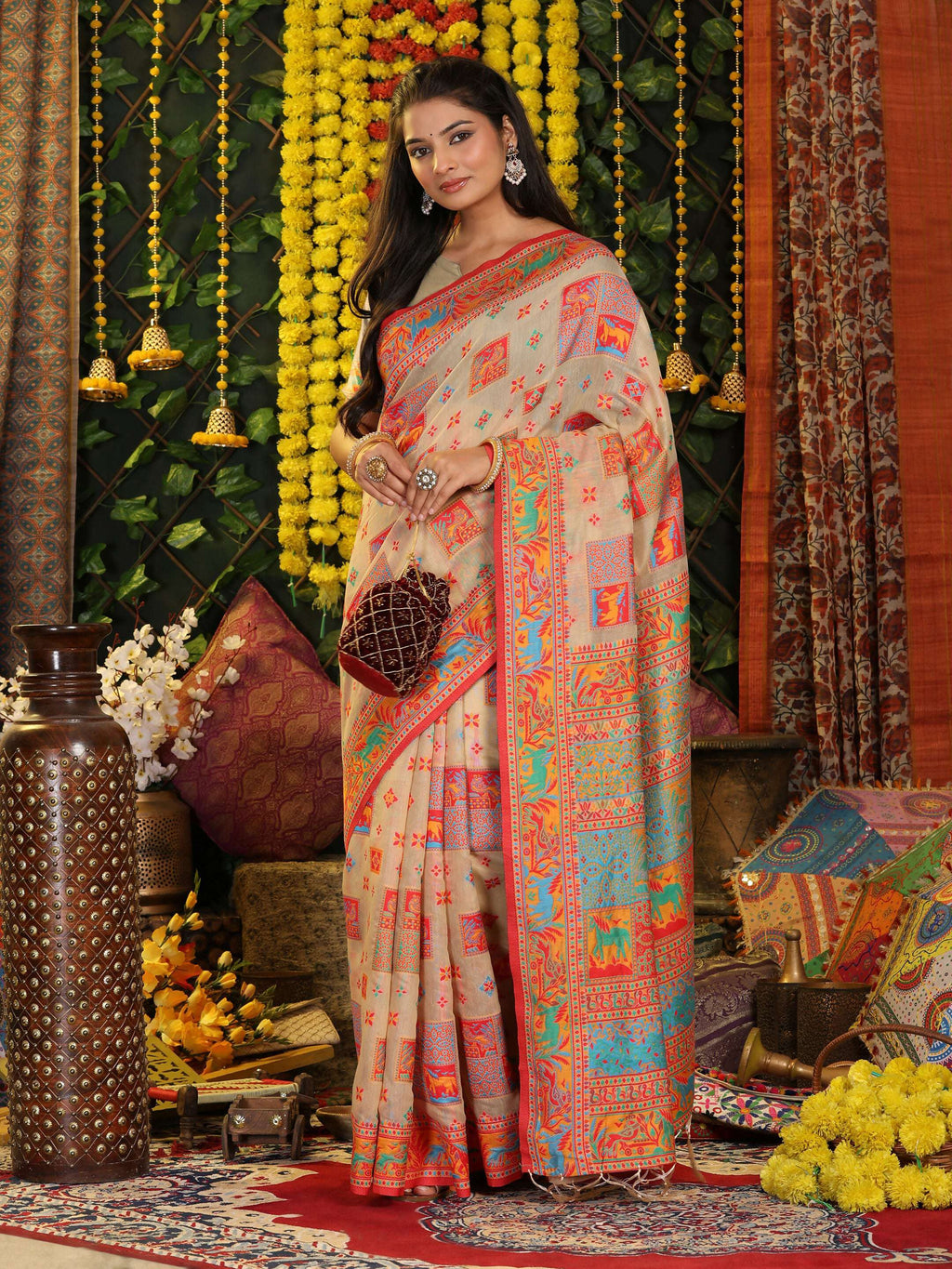 Shree Shyam Fashion Linen Cotton Off White Saree - Distacart