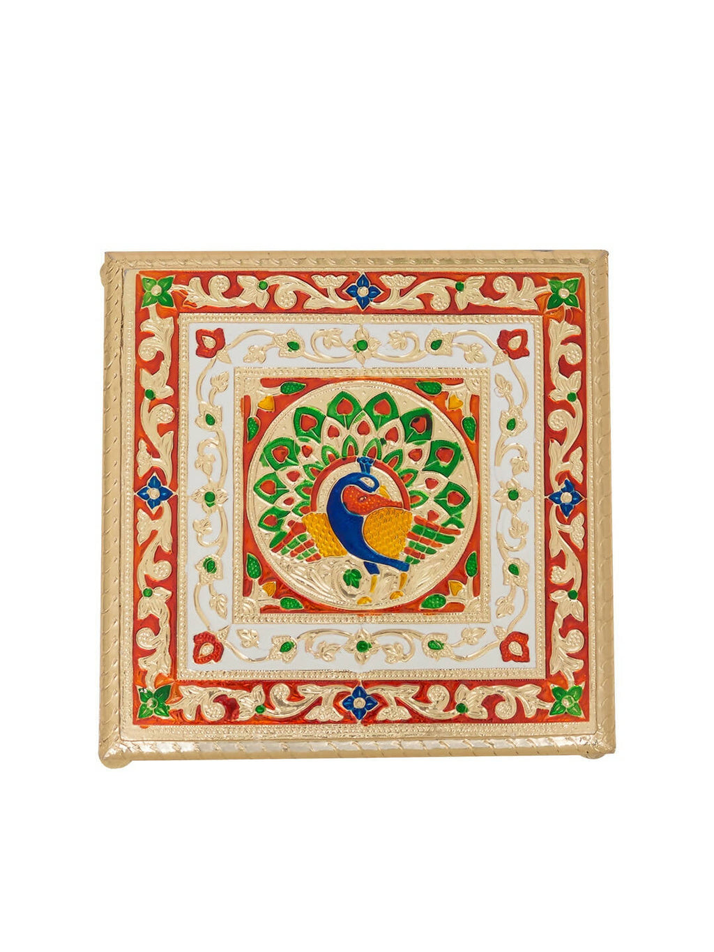 Golden Peacock Gold-Toned & Red Handcrafted Minakari Peacock Design Wooden Chowki