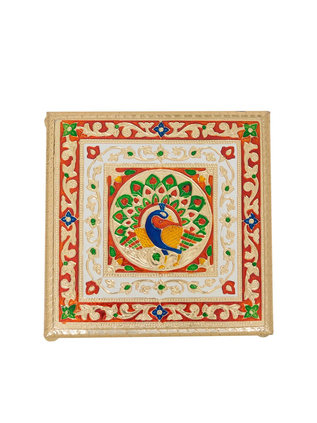 Golden Peacock Gold-Toned & Red Handcrafted Minakari Peacock Design Wooden Chowki