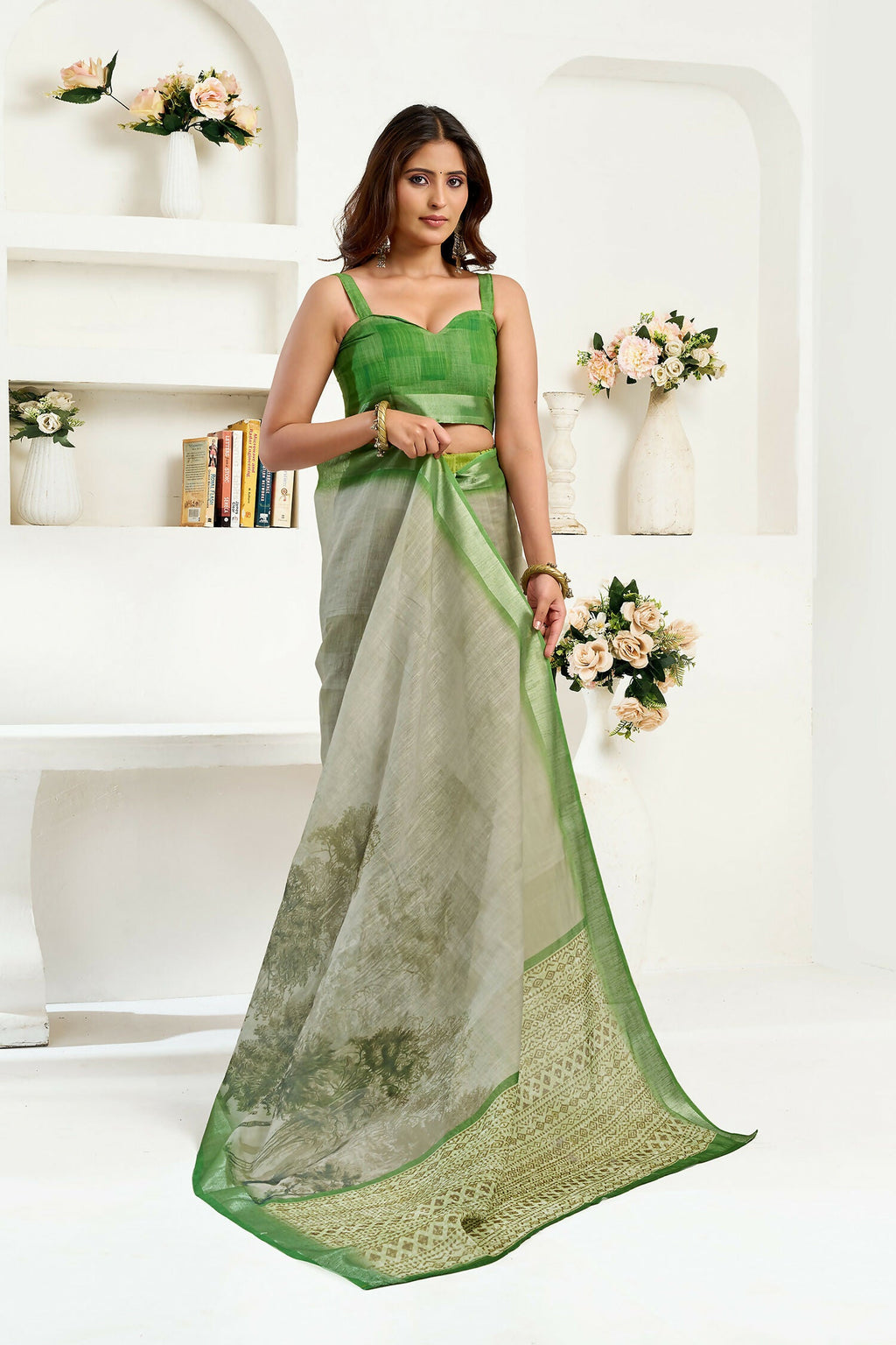 Joban Fashion Green Floral & Ethnic Motifs Linen Ready To Wear Saree With Unstitched Blouse - Distacart