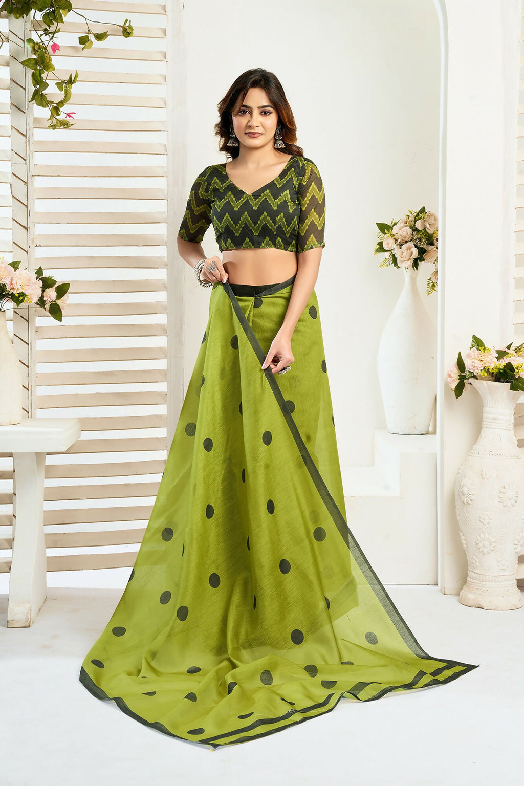 Vastranavya Olive Digital Printed Linen Ready To Wear Designer Saree with Unstitched Blouse - Distacart