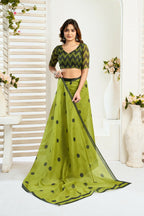 Vastranavya Olive Digital Printed Linen Ready To Wear Designer Saree with Unstitched Blouse - Distacart