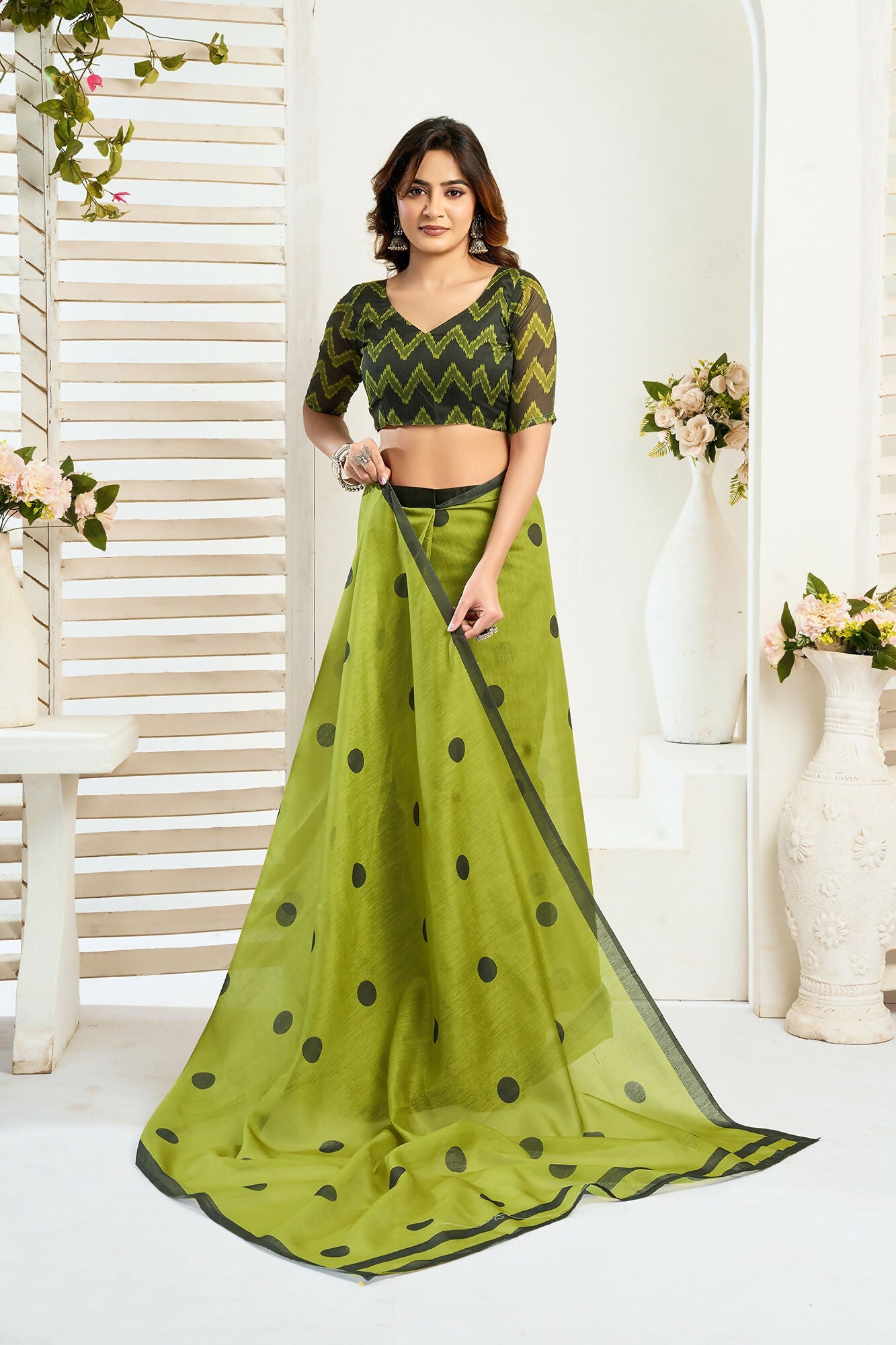 Vastranavya Olive Digital Printed Linen Ready To Wear Designer Saree with Unstitched Blouse - Distacart