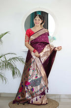 Wine Woven Jacquard Designer Embroidery Work Party Wear Saree - Parampara