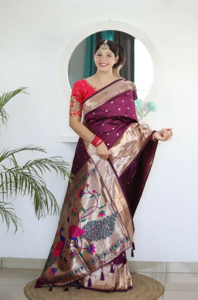Wine Woven Jacquard Designer Embroidery Work Party Wear Saree - Parampara