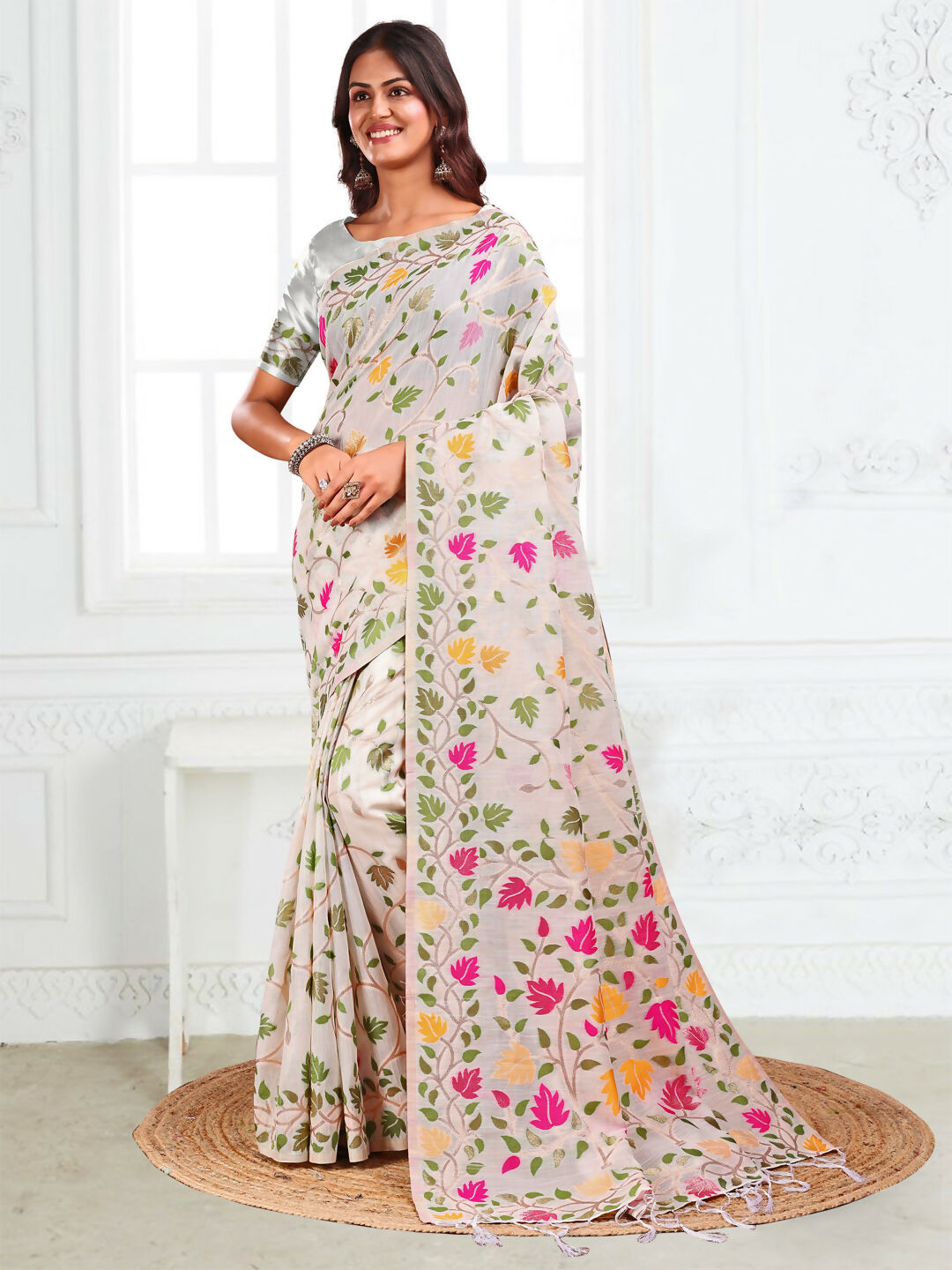 Shree Shyam Fashion Linen Cotton White Saree - Distacart