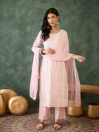 The52 Baby pink Women's Gorgeous Cotton Blend Fabric Thread Work Straight Kurta, Pant and Dupatta Set - Distacart