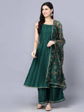 Myshka Women Green Ethnic Motifs Yoke Design Panelled Kurti with Sharara With Dupatta - Distacart