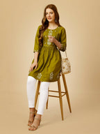 Jyoti Fashion Women's Mehendi Viscose Rayon Embroidered Casual Top