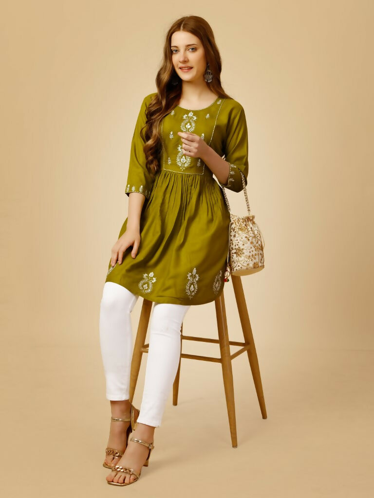 Jyoti Fashion Women's Mehendi Viscose Rayon Embroidered Casual Top
