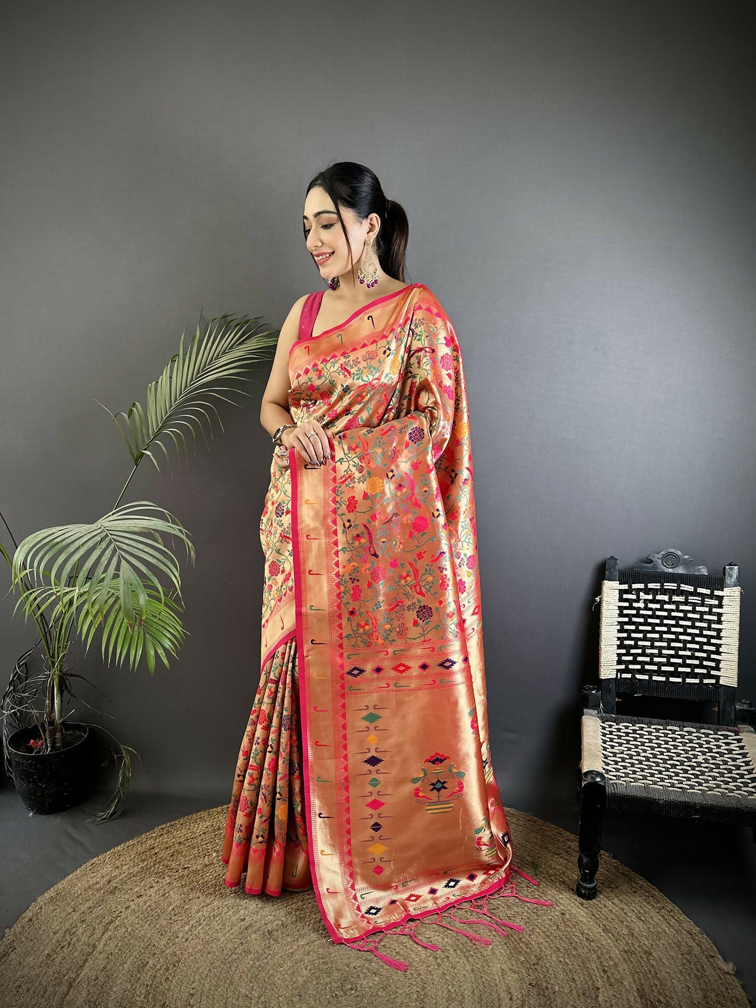 Joban Fashion Rani Pink Floral & Leaf Designs Soft Silk Paithani Saree - Distacart