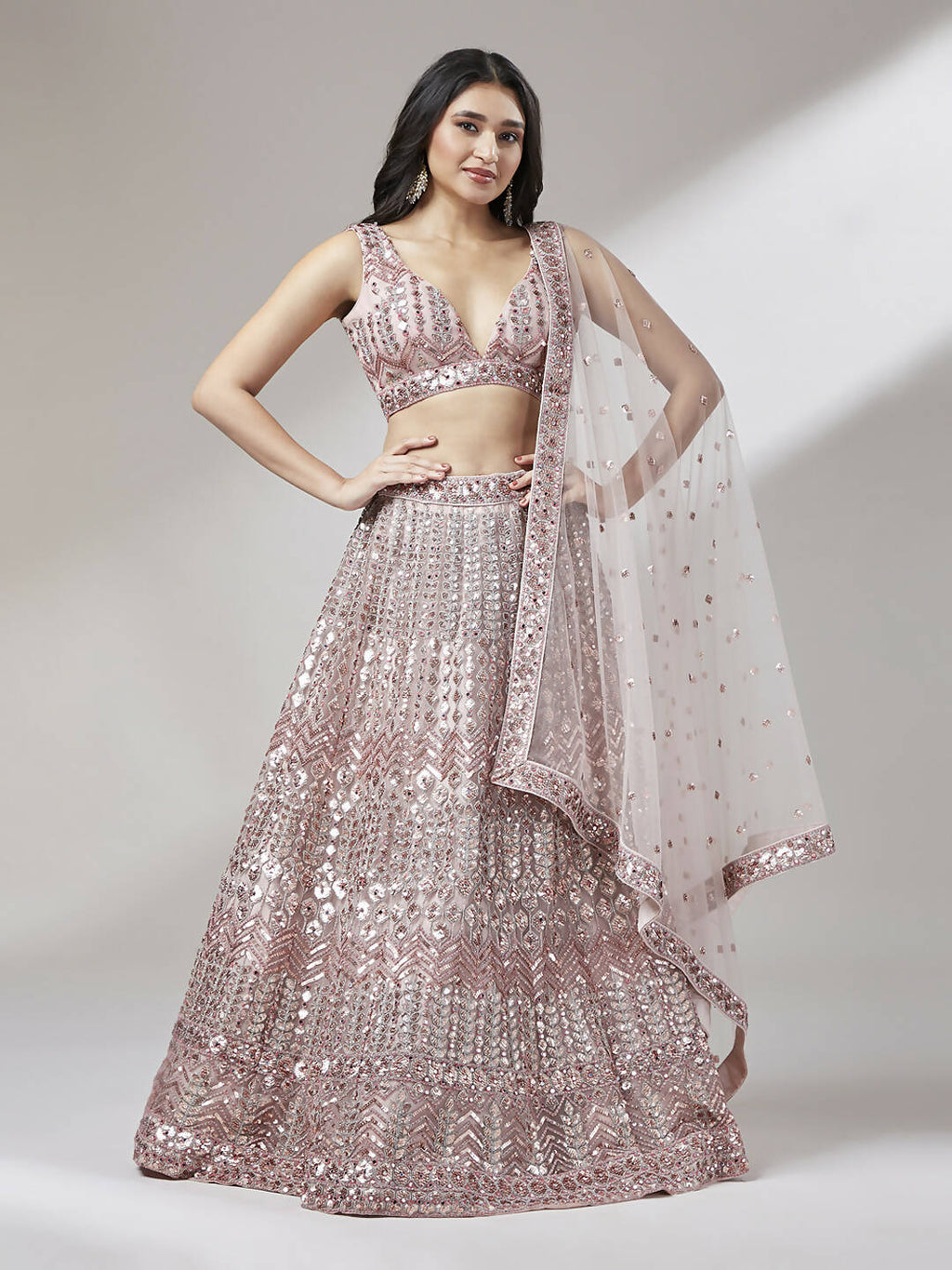 House of Panchhi Rose Gold Net Mirror & Sequinse embroidery Lehenga choli & Dupatta
