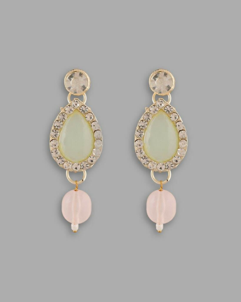 VOJ Gold-Polished Nude Pink And Mint Green Stone Studded Jewellery Set With Maang Tikka