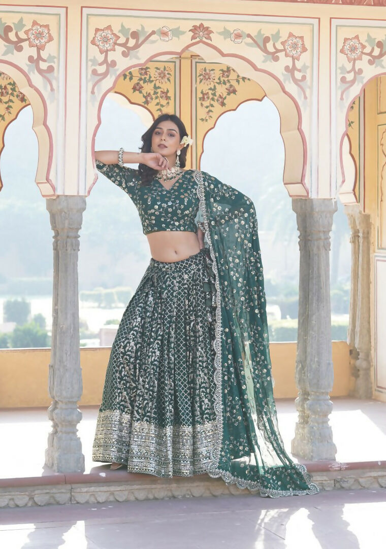 Lorenvalley Green Pure Viscose Jacquard With Embroidered Sequins work Lehenga Choli