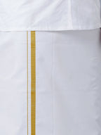 Ramraj Cotton Premium Wedding White Readymade Dhoti, Shirt & Towel Set Dhanvanthri